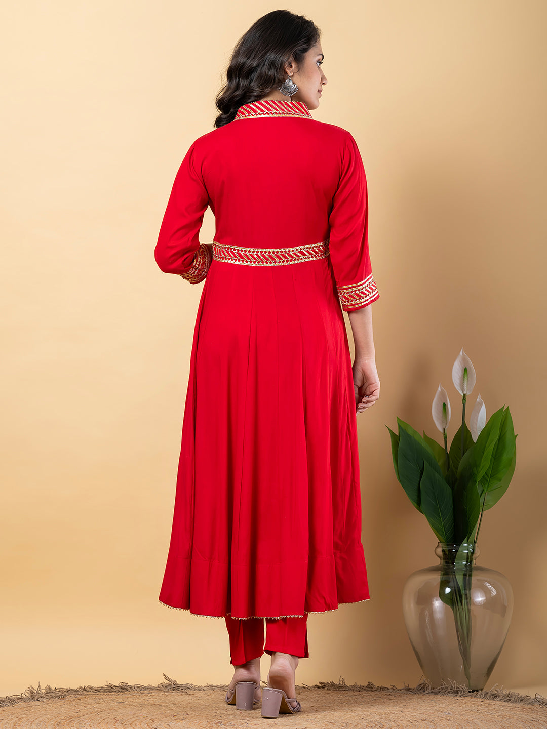 Red Gota Patti Work Anarkali Premium Rayon Kurta Pant Set with Cotton Dupatta–3 Piece Salwar Kameez-750099