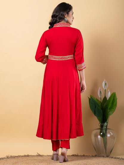 Red Gota Patti Work Anarkali Premium Rayon Kurta Pant Set with Cotton Dupatta–3 Piece Salwar Kameez-750099