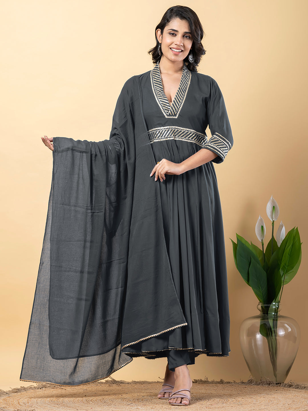 Grey Gota Patti Work Anarkali Premium Rayon Kurta Pant Set with Cotton Dupatta–3 Piece Salwar Kameez-750100