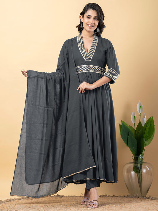 Grey Gota Patti Work Anarkali Premium Rayon Kurta Pant Set with Cotton Dupatta–3 Piece Salwar Kameez-750100
