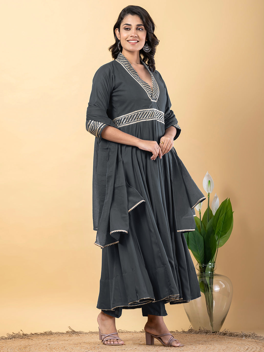 Grey Gota Patti Work Anarkali Premium Rayon Kurta Pant Set with Cotton Dupatta–3 Piece Salwar Kameez-750100