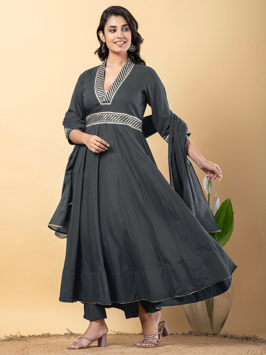 Grey Gota Patti Work Anarkali Premium Rayon Kurta Pant Set with Cotton Dupatta–3 Piece Salwar Kameez-750100