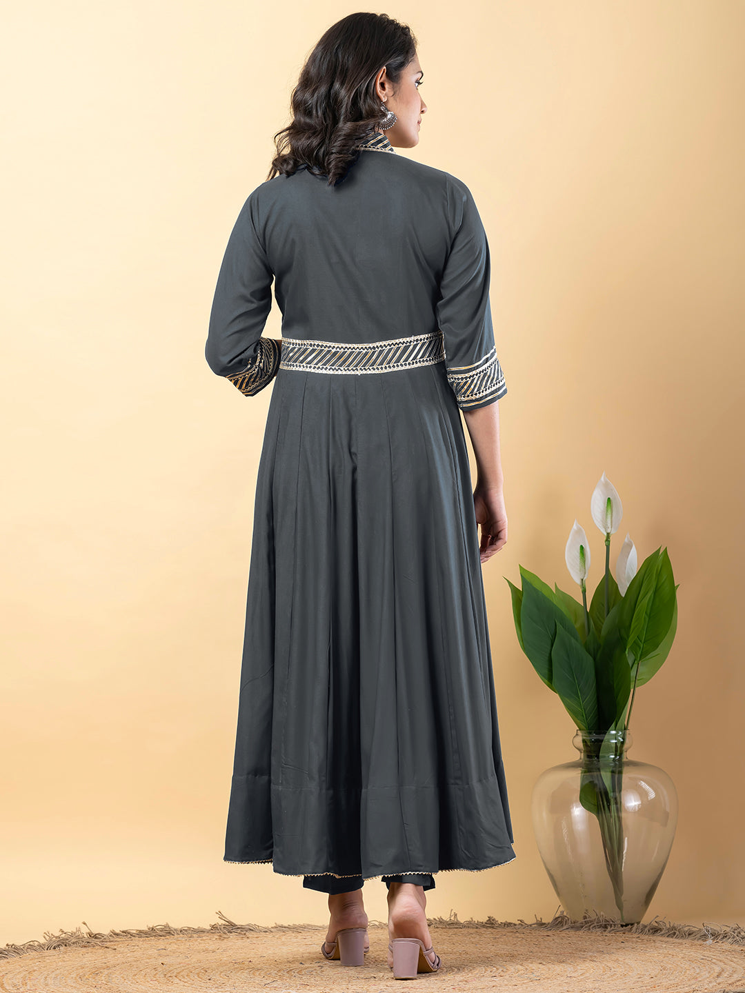 Grey Gota Patti Work Anarkali Premium Rayon Kurta Pant Set with Cotton Dupatta–3 Piece Salwar Kameez-750100