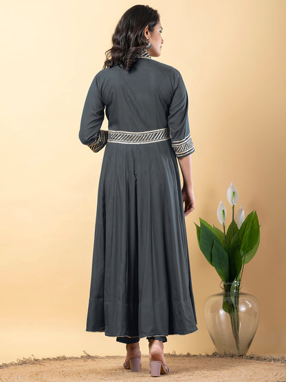 Grey Gota Patti Work Anarkali Premium Rayon Kurta Pant Set with Cotton Dupatta–3 Piece Salwar Kameez-750100