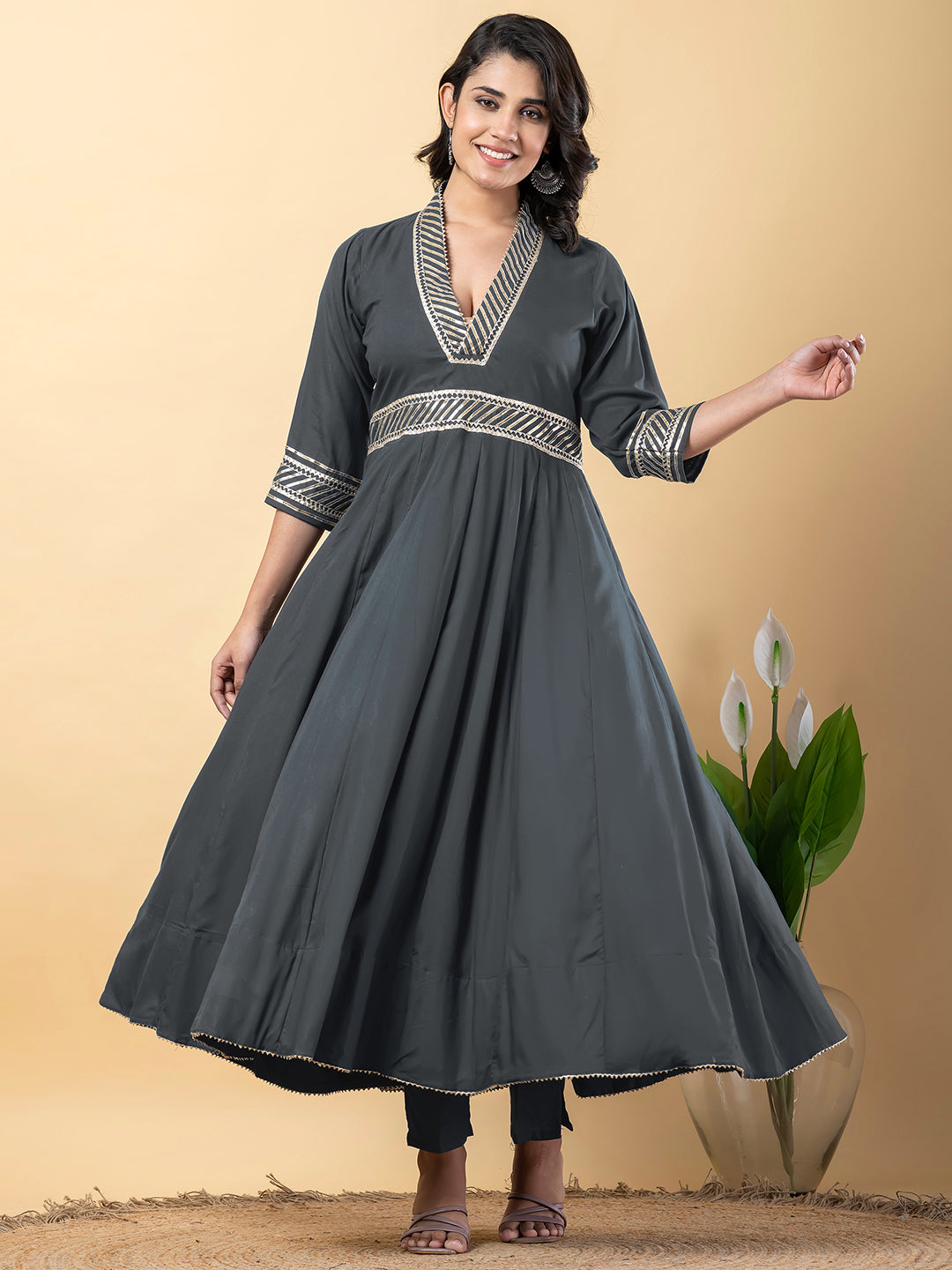 Grey Gota Patti Work Anarkali Premium Rayon Kurta Pant Set with Cotton Dupatta–3 Piece Salwar Kameez-750100