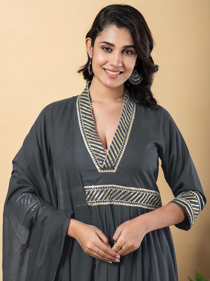 Grey Gota Patti Work Anarkali Premium Rayon Kurta Pant Set with Cotton Dupatta–3 Piece Salwar Kameez-750100