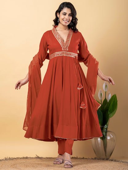 Light Brown Gota Patti Work Anarkali Premium Rayon Kurta Pant Set with Cotton Dupatta–3 Piece Salwar Kameez-750101