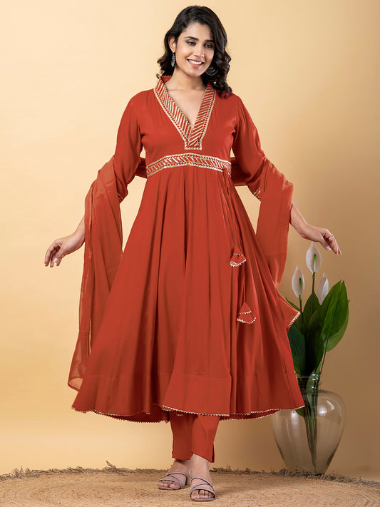 Light Brown Gota Patti Work Anarkali Premium Rayon Kurta Pant Set with Cotton Dupatta–3 Piece Salwar Kameez-750101