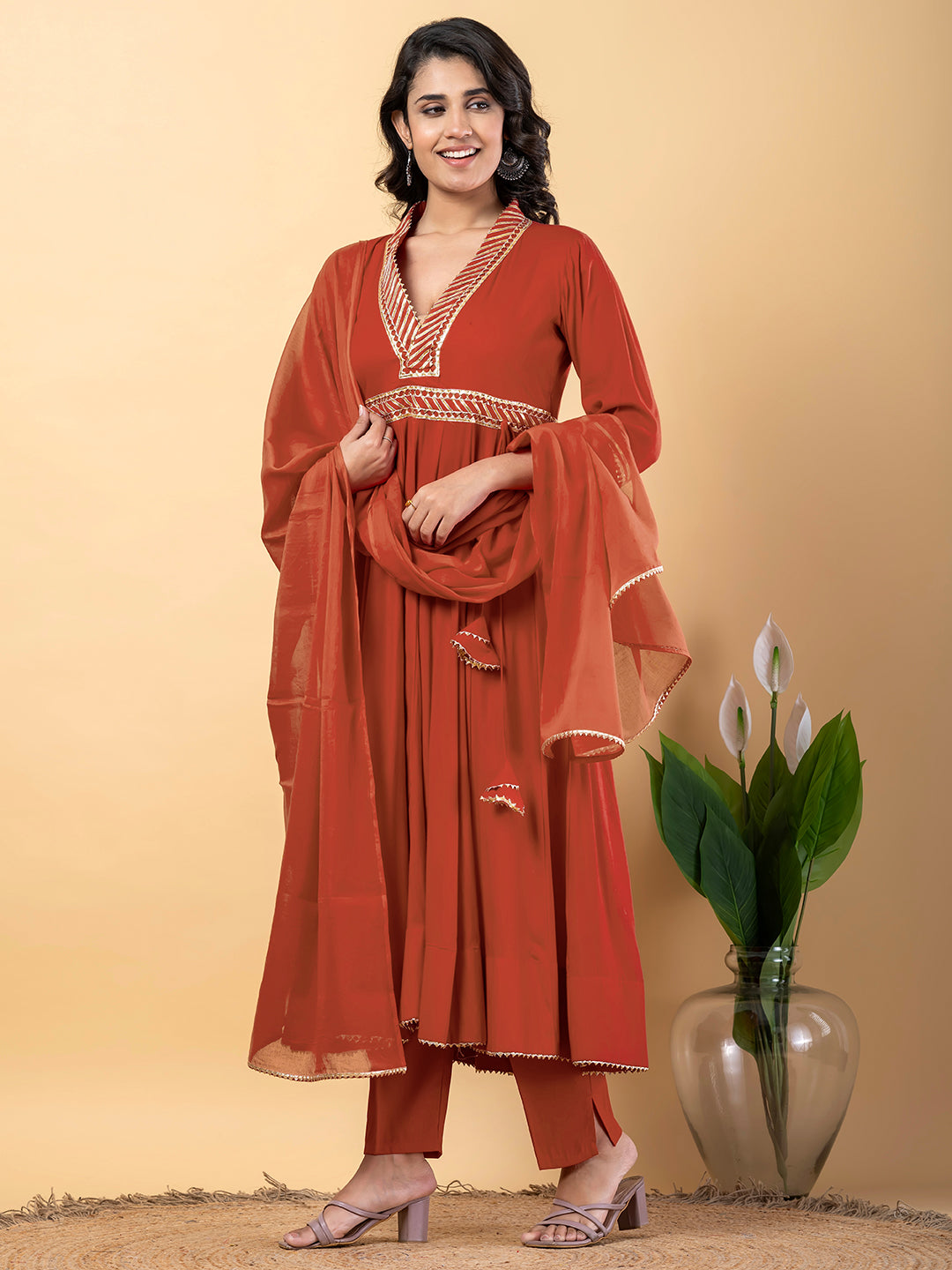 Light Brown Gota Patti Work Anarkali Premium Rayon Kurta Pant Set with Cotton Dupatta–3 Piece Salwar Kameez-750101