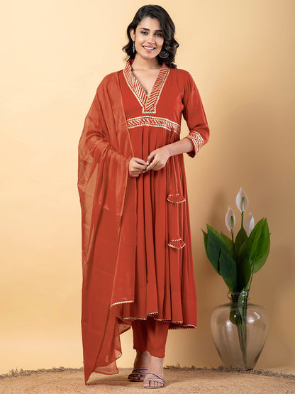 Light Brown Gota Patti Work Anarkali Premium Rayon Kurta Pant Set with Cotton Dupatta–3 Piece Salwar Kameez-750101