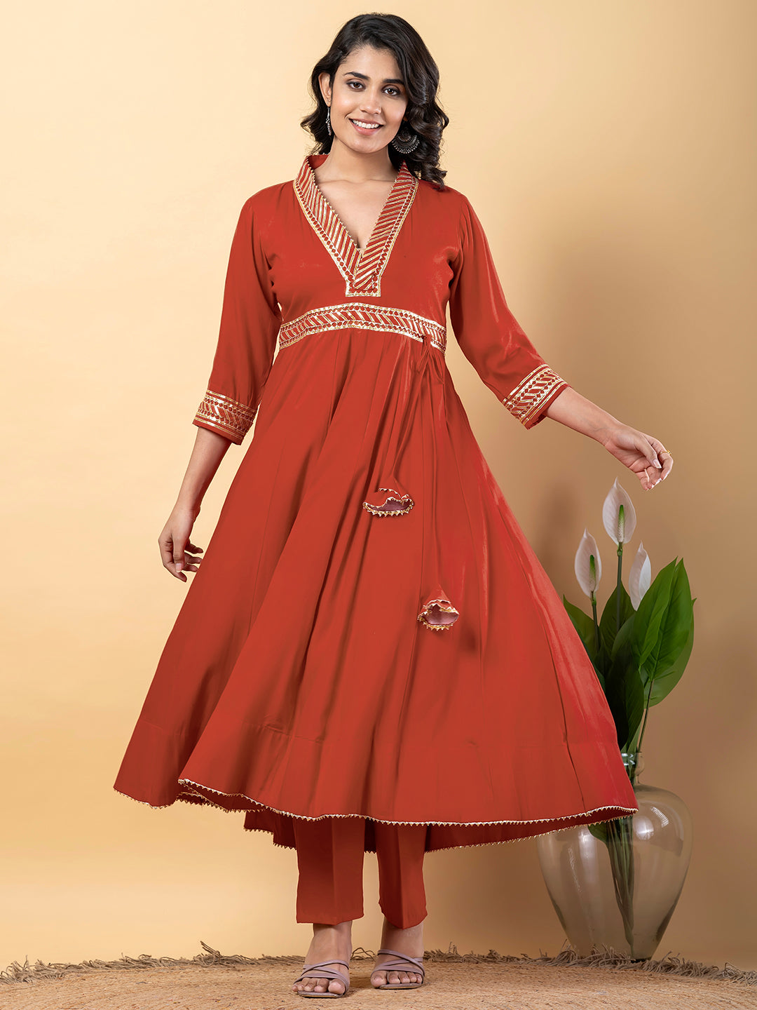 Light Brown Gota Patti Work Anarkali Premium Rayon Kurta Pant Set with Cotton Dupatta–3 Piece Salwar Kameez-750101