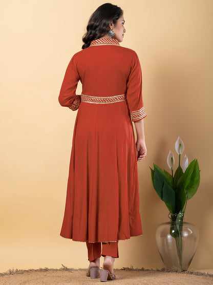 Light Brown Gota Patti Work Anarkali Premium Rayon Kurta Pant Set with Cotton Dupatta–3 Piece Salwar Kameez-750101