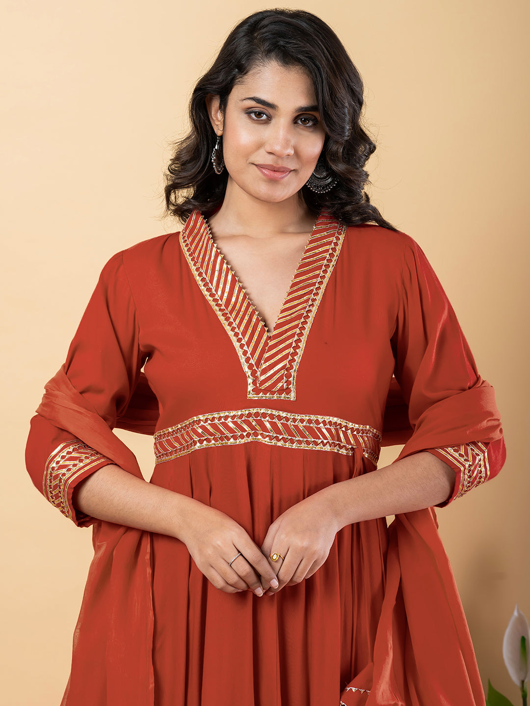 Light Brown Gota Patti Work Anarkali Premium Rayon Kurta Pant Set with Cotton Dupatta–3 Piece Salwar Kameez-750101