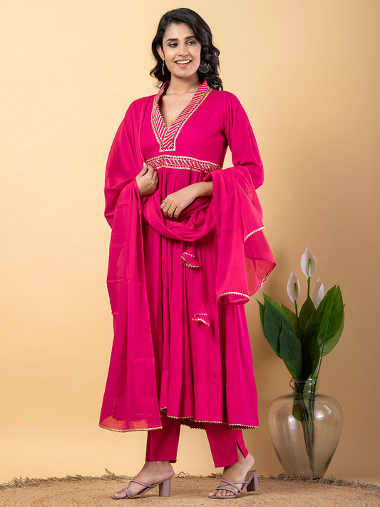 Pink Gota Patti Work Anarkali Premium Rayon Kurta Pant Set with Cotton Dupatta–3 Piece Salwar Kameez-750102