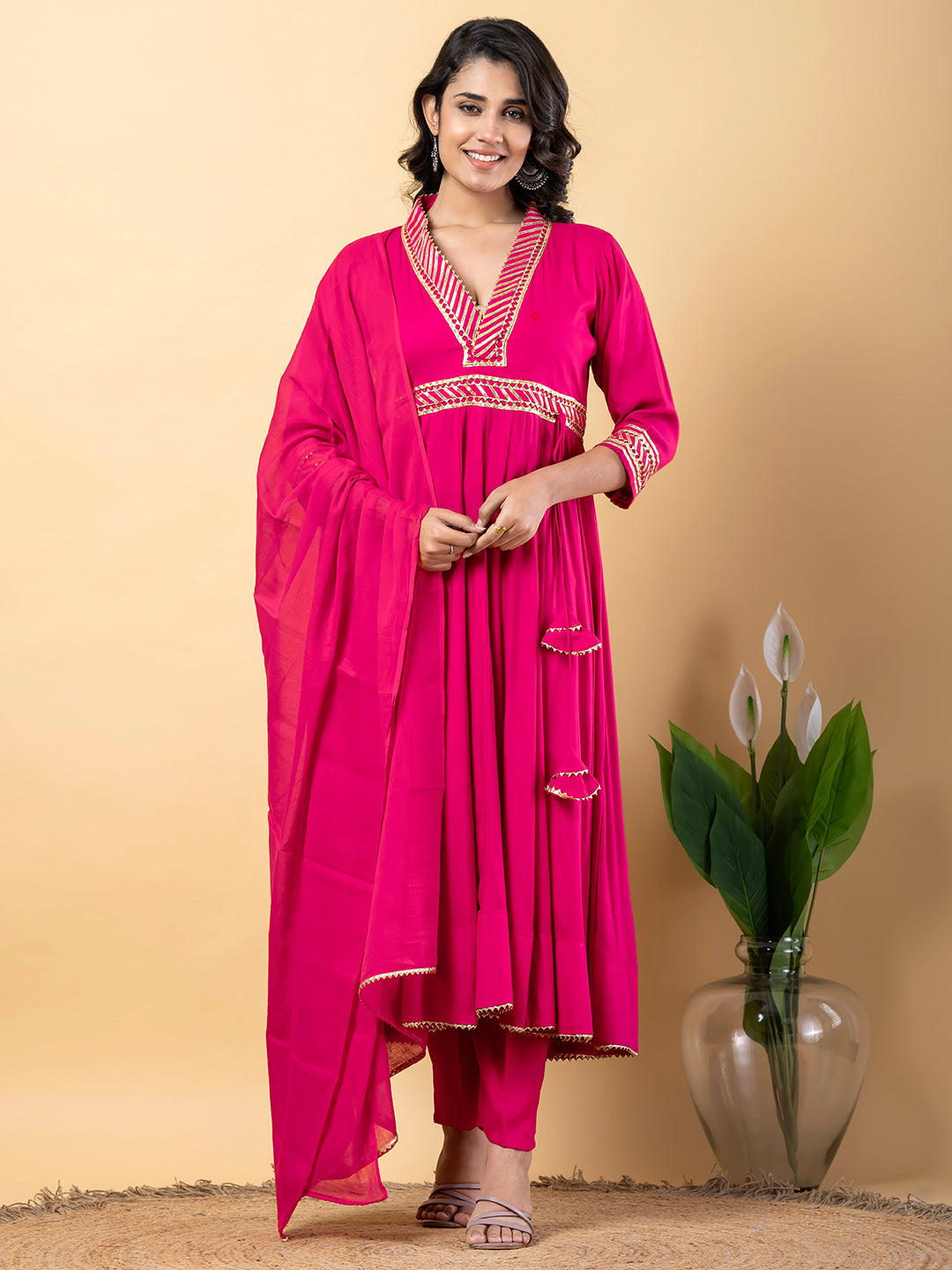 Pink Gota Patti Work Anarkali Premium Rayon Kurta Pant Set with Cotton Dupatta–3 Piece Salwar Kameez-750102