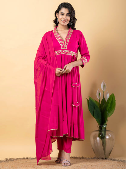 Pink Gota Patti Work Anarkali Premium Rayon Kurta Pant Set with Cotton Dupatta–3 Piece Salwar Kameez-750102