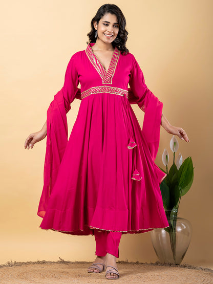 Pink Gota Patti Work Anarkali Premium Rayon Kurta Pant Set with Cotton Dupatta–3 Piece Salwar Kameez-750102