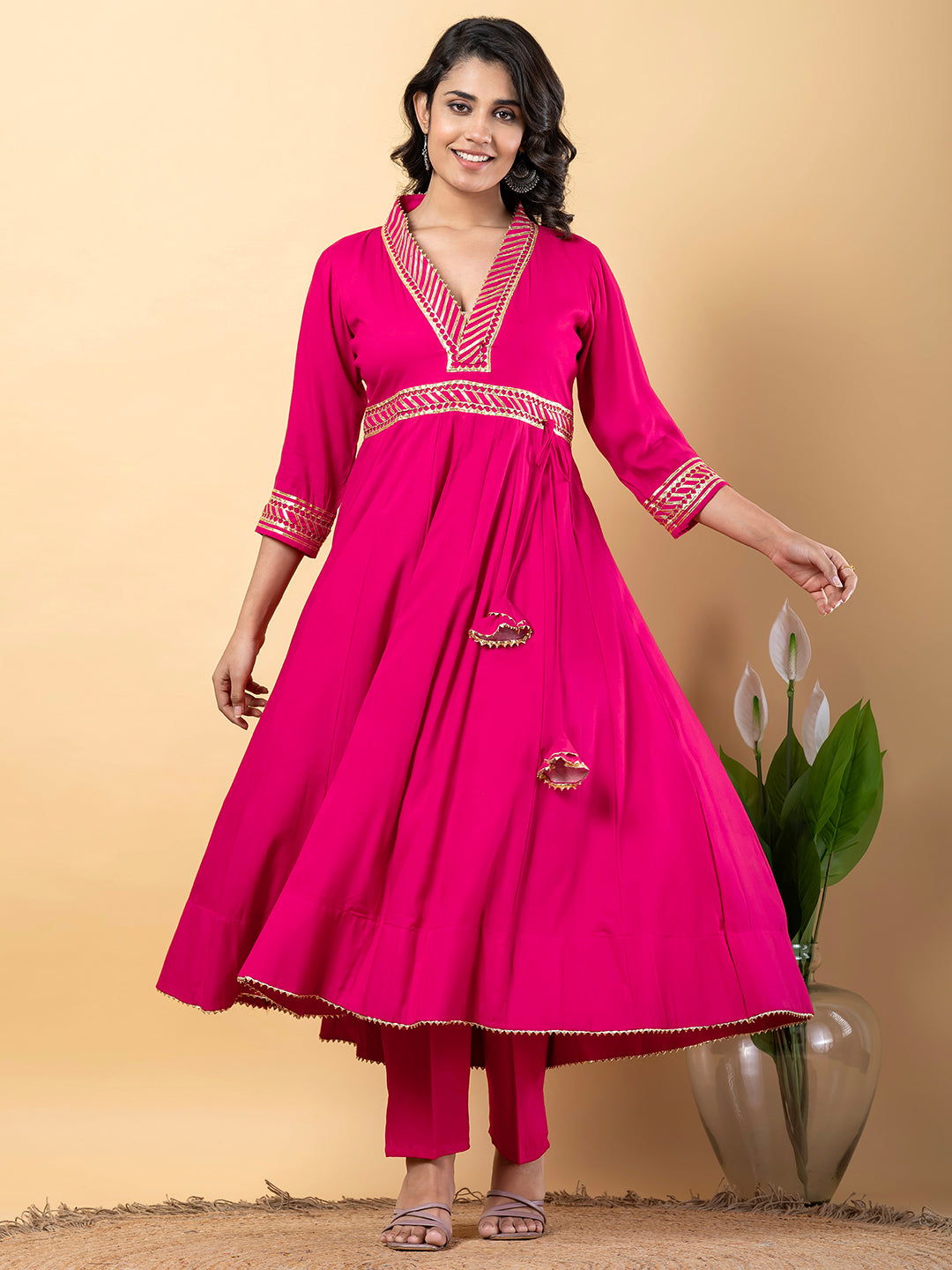 Pink Gota Patti Work Anarkali Premium Rayon Kurta Pant Set with Cotton Dupatta–3 Piece Salwar Kameez-750102