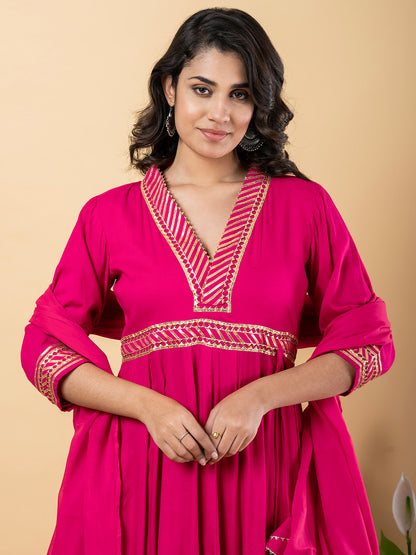 Pink Gota Patti Work Anarkali Premium Rayon Kurta Pant Set with Cotton Dupatta–3 Piece Salwar Kameez-750102
