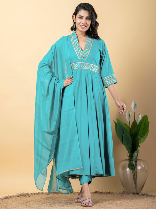 turquoise Gota Patti Work Anarkali Premium Rayon Kurta Pant Set with Cotton Dupatta–3 Piece Salwar Kameez-750103