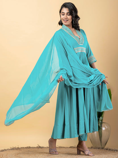 turquoise Gota Patti Work Anarkali Premium Rayon Kurta Pant Set with Cotton Dupatta–3 Piece Salwar Kameez-750103