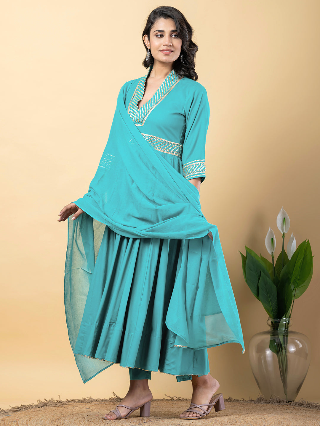turquoise Gota Patti Work Anarkali Premium Rayon Kurta Pant Set with Cotton Dupatta–3 Piece Salwar Kameez-750103