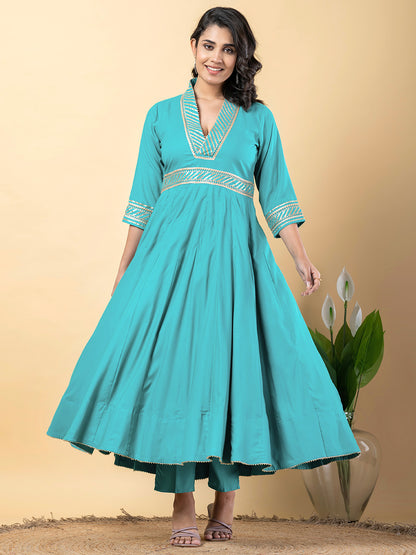 turquoise Gota Patti Work Anarkali Premium Rayon Kurta Pant Set with Cotton Dupatta–3 Piece Salwar Kameez-750103