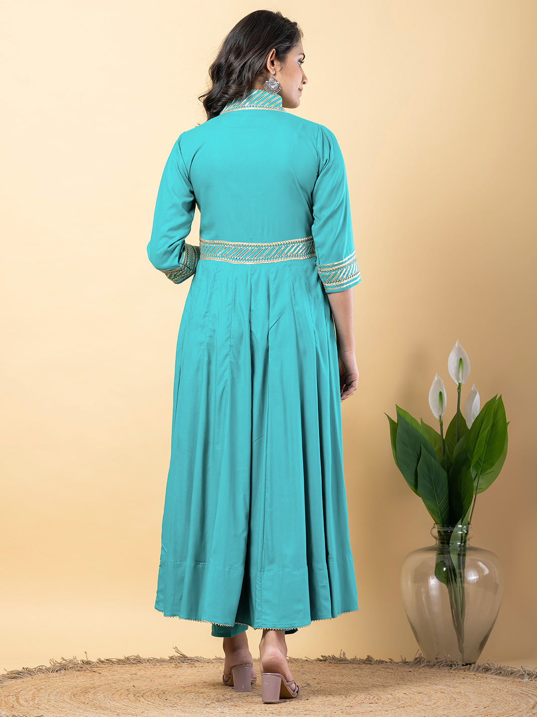 turquoise Gota Patti Work Anarkali Premium Rayon Kurta Pant Set with Cotton Dupatta–3 Piece Salwar Kameez-750103