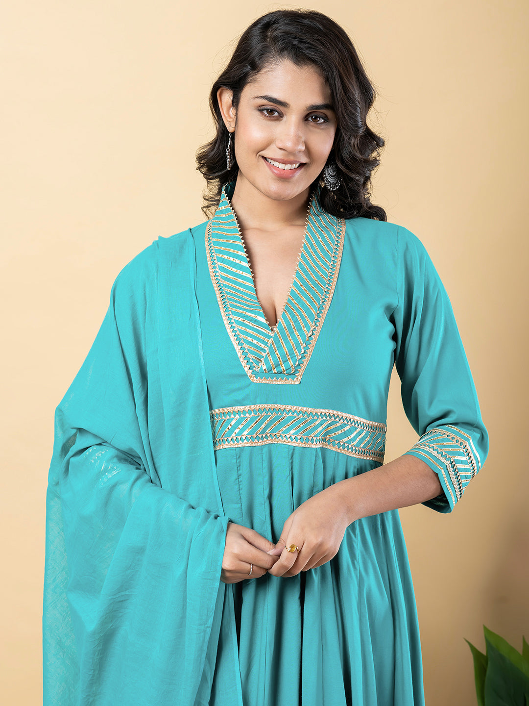 turquoise Gota Patti Work Anarkali Premium Rayon Kurta Pant Set with Cotton Dupatta–3 Piece Salwar Kameez-750103