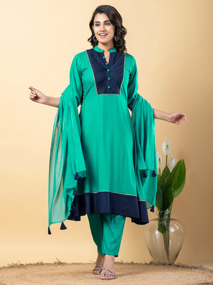 turquoise Gota Patti Work Premium Rayon Kurta Pant Set with Cotton Dupatta–3 Piece Salwar Kameez Suit Set-750104
