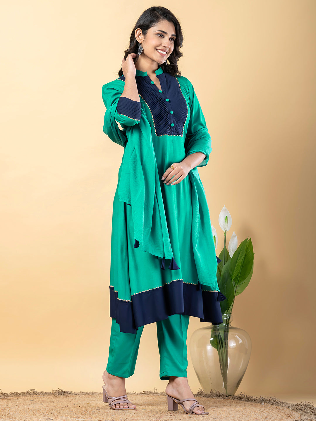 turquoise Gota Patti Work Premium Rayon Kurta Pant Set with Cotton Dupatta–3 Piece Salwar Kameez Suit Set-750104