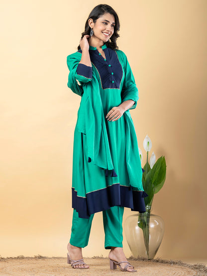 turquoise Gota Patti Work Premium Rayon Kurta Pant Set with Cotton Dupatta–3 Piece Salwar Kameez Suit Set-750104