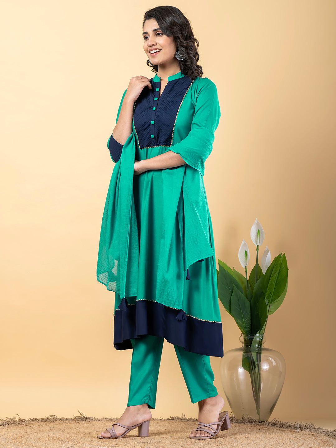 turquoise Gota Patti Work Premium Rayon Kurta Pant Set with Cotton Dupatta–3 Piece Salwar Kameez Suit Set-750104
