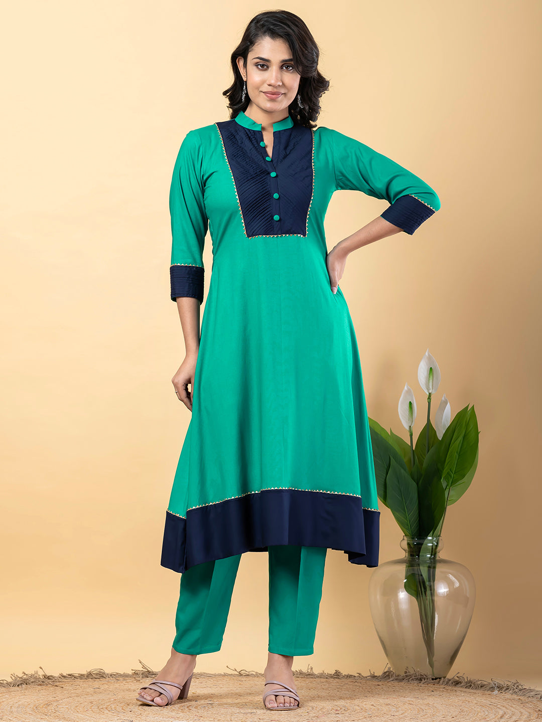 turquoise Gota Patti Work Premium Rayon Kurta Pant Set with Cotton Dupatta–3 Piece Salwar Kameez Suit Set-750104