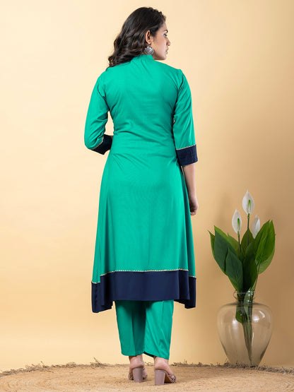 turquoise Gota Patti Work Premium Rayon Kurta Pant Set with Cotton Dupatta–3 Piece Salwar Kameez Suit Set-750104