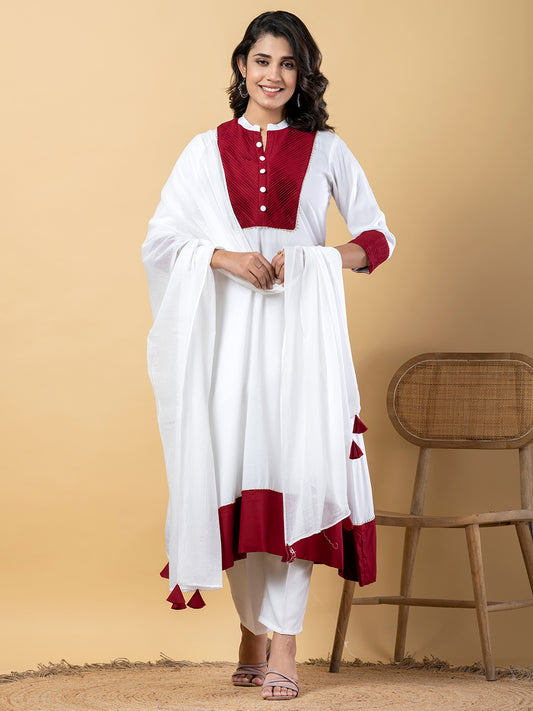 Red white Gota Patti Work Premium Rayon Kurta Pant Set with Cotton Dupatta–3 Piece Salwar Kameez Suit Set-750105