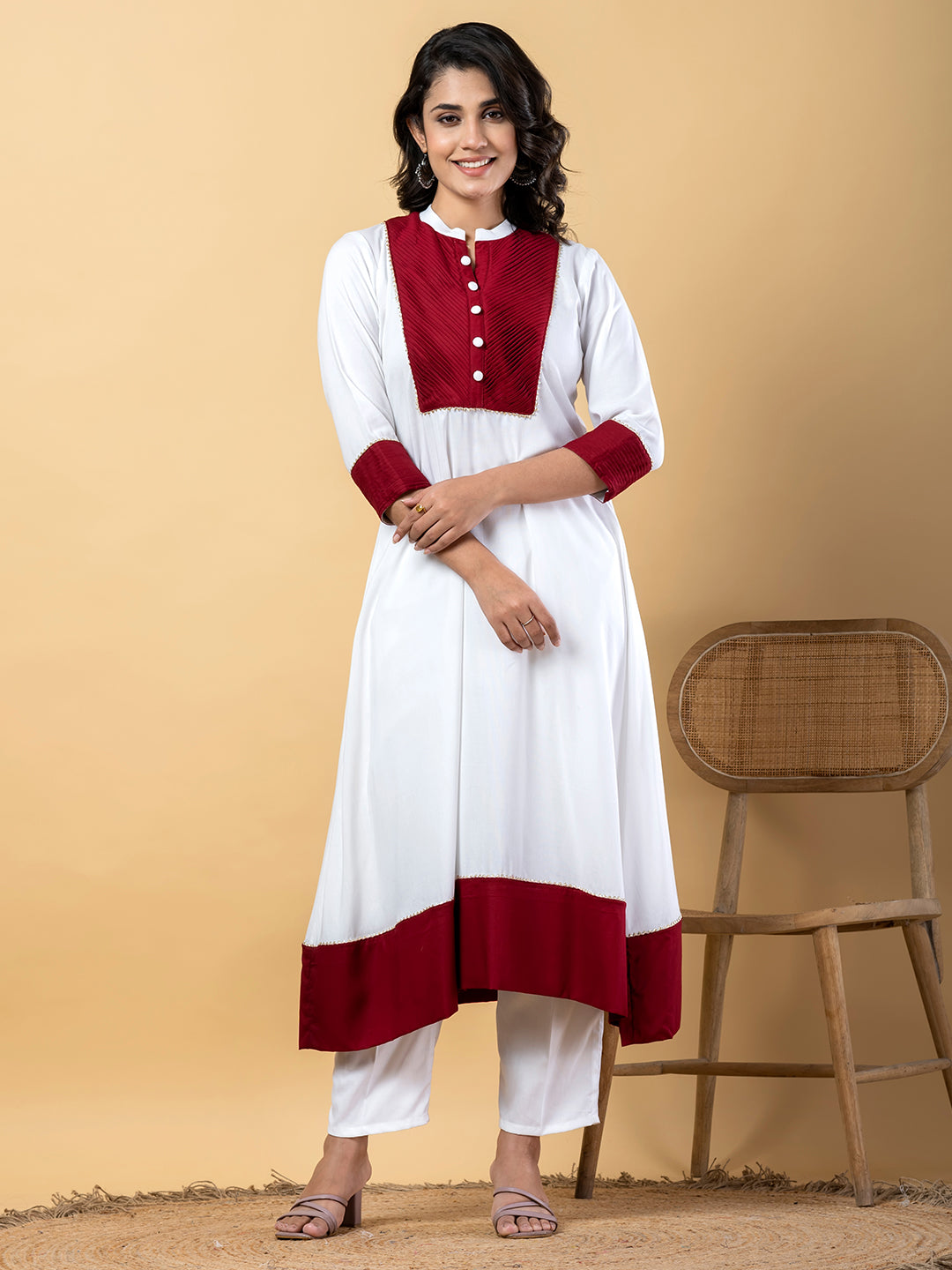 Red white Gota Patti Work Premium Rayon Kurta Pant Set with Cotton Dupatta–3 Piece Salwar Kameez Suit Set-750105
