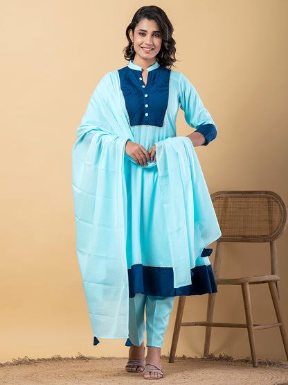 Blue Gota Patti Work Premium Rayon Kurta Pant Set with Cotton Dupatta–3 Piece Salwar Kameez Suit Set-750106