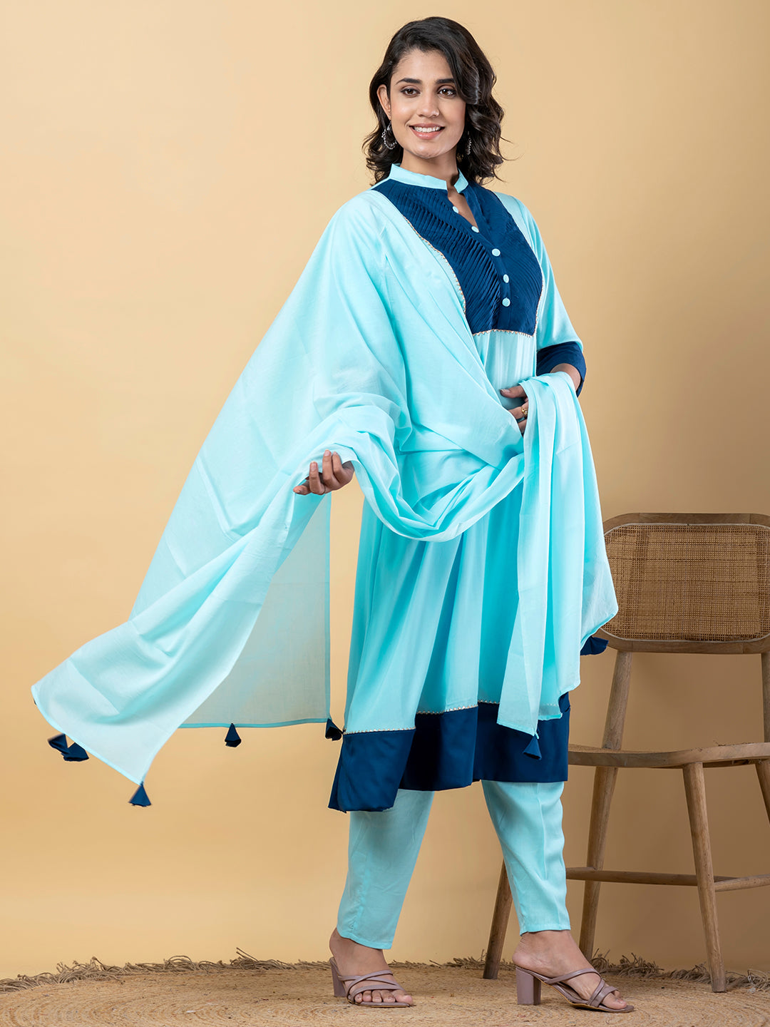 Blue Gota Patti Work Premium Rayon Kurta Pant Set with Cotton Dupatta–3 Piece Salwar Kameez Suit Set-750106
