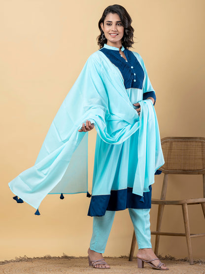 Blue Gota Patti Work Premium Rayon Kurta Pant Set with Cotton Dupatta–3 Piece Salwar Kameez Suit Set-750106