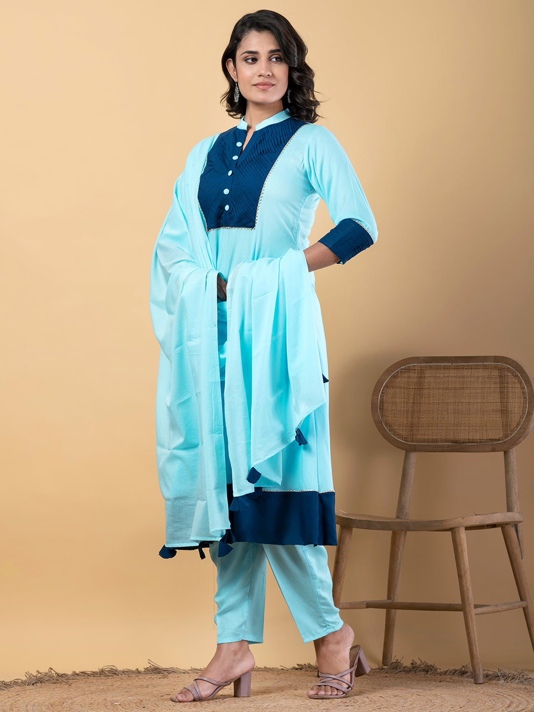 Blue Gota Patti Work Premium Rayon Kurta Pant Set with Cotton Dupatta–3 Piece Salwar Kameez Suit Set-750106