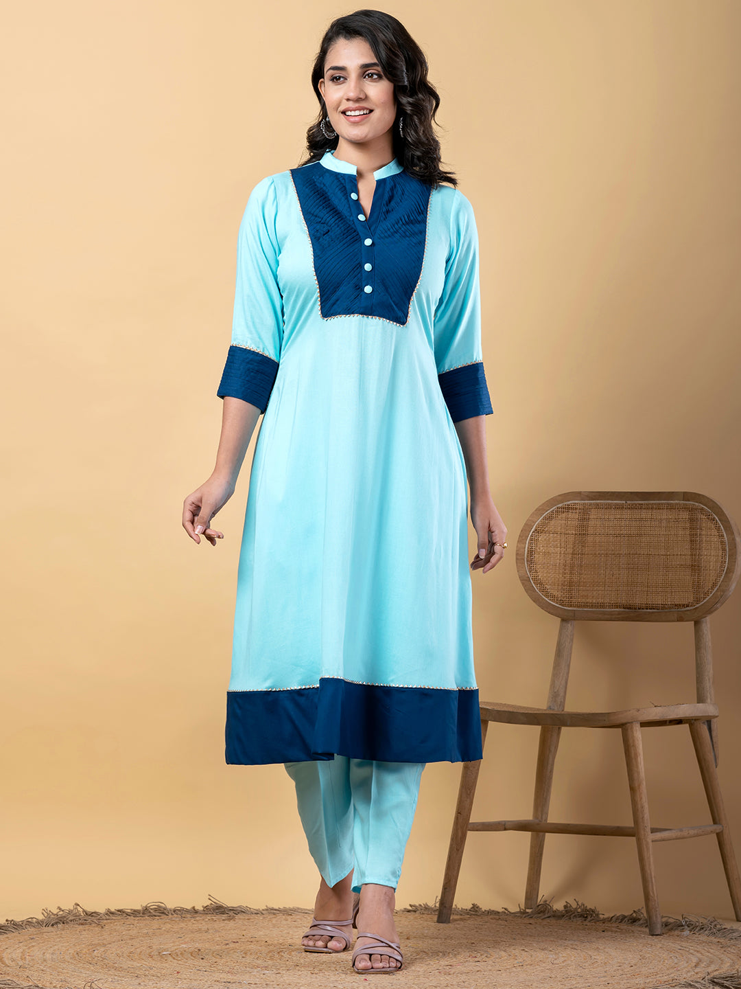 Blue Gota Patti Work Premium Rayon Kurta Pant Set with Cotton Dupatta–3 Piece Salwar Kameez Suit Set-750106