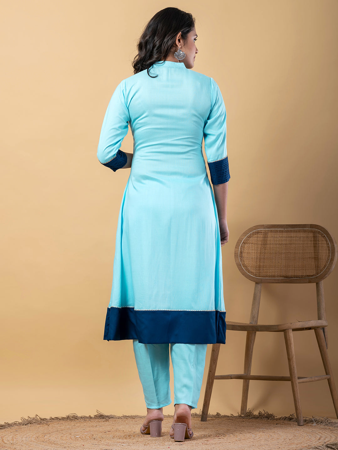 Blue Gota Patti Work Premium Rayon Kurta Pant Set with Cotton Dupatta–3 Piece Salwar Kameez Suit Set-750106