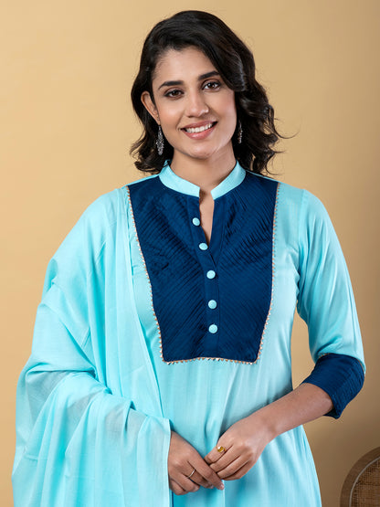 Blue Gota Patti Work Premium Rayon Kurta Pant Set with Cotton Dupatta–3 Piece Salwar Kameez Suit Set-750106