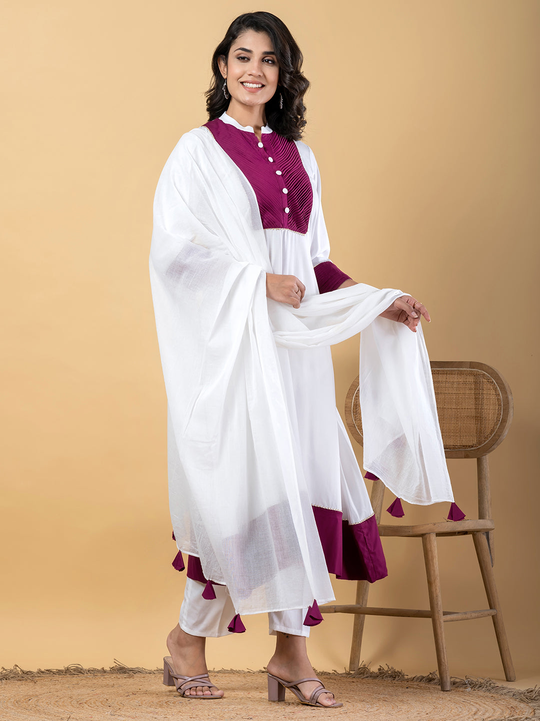 Purple white Gota Patti Work Premium Rayon Kurta Pant Set with Cotton Dupatta–3 Piece Salwar Kameez Suit Set-750107