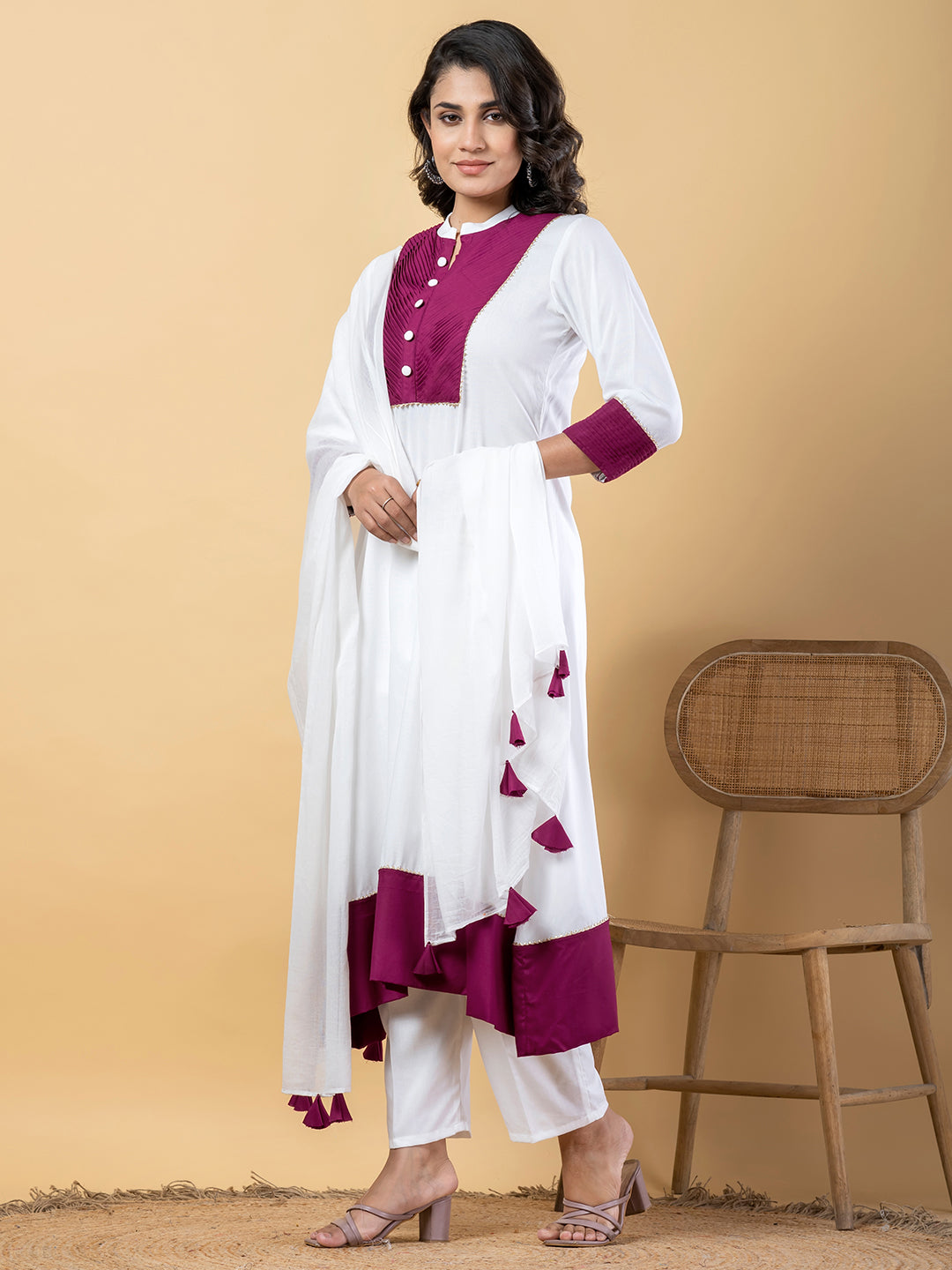 Purple white Gota Patti Work Premium Rayon Kurta Pant Set with Cotton Dupatta–3 Piece Salwar Kameez Suit Set-750107