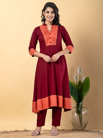 Maroon Gota Patti Work Premium Rayon Kurta Pant Set with Cotton Dupatta–3 Piece Salwar Kameez Suit Set-750108
