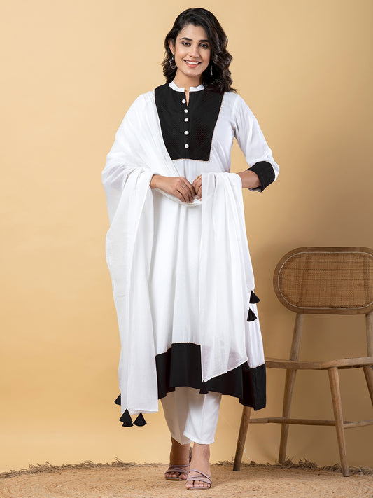 White Black Gota Patti Work Premium Rayon Kurta Pant Set with Cotton Dupatta–3 Piece Salwar Kameez Suit Set-750109
