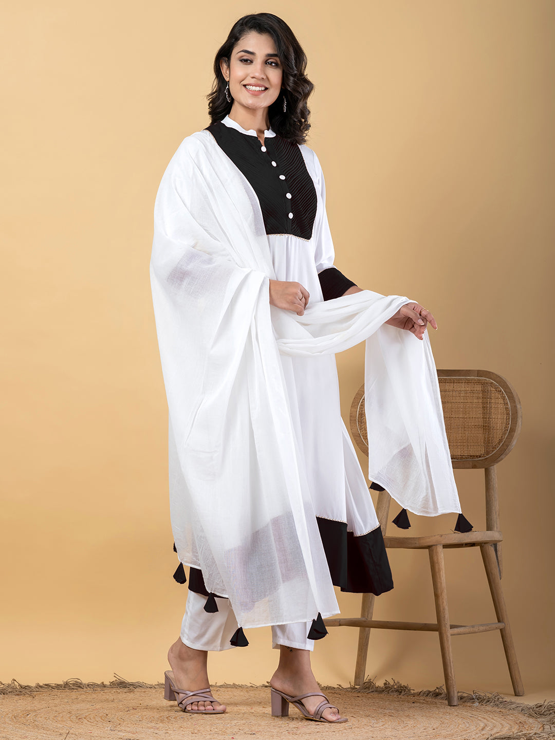 White Black Gota Patti Work Premium Rayon Kurta Pant Set with Cotton Dupatta–3 Piece Salwar Kameez Suit Set-750109