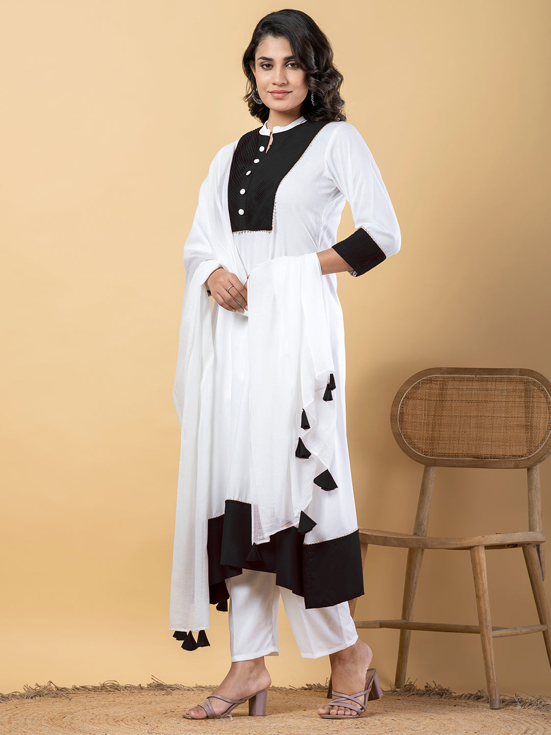 White Black Gota Patti Work Premium Rayon Kurta Pant Set with Cotton Dupatta–3 Piece Salwar Kameez Suit Set-750109